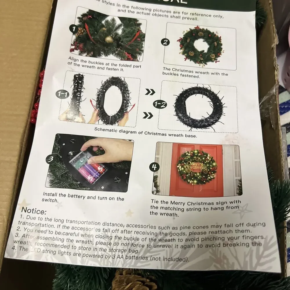 Christmas Wreath 18” Large Pre-Lit Outdoor with LED Lights, Foldable With Case